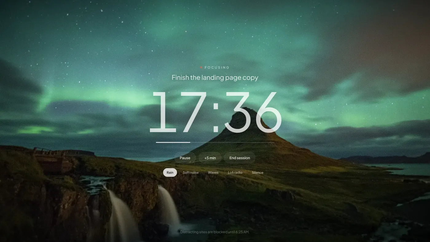 A WebWell focus session: a large timer, the task name, pause, add five minutes and end buttons, and sound choices.